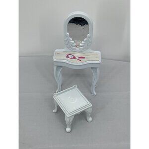 Blue Box Dollhouse Vanity & Stool Set White Plastic With Mirror